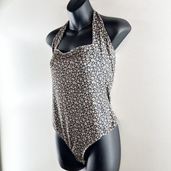 Free People Talk Back Square Neck Floral Halter Bodysuit Tank Top Black Medium - Picture 7 of 8